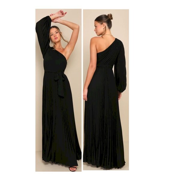 Lulus Divine Charm Black Pleated One-Shoulder Maxi Dress Size Small New NWT - Picture 1 of 14